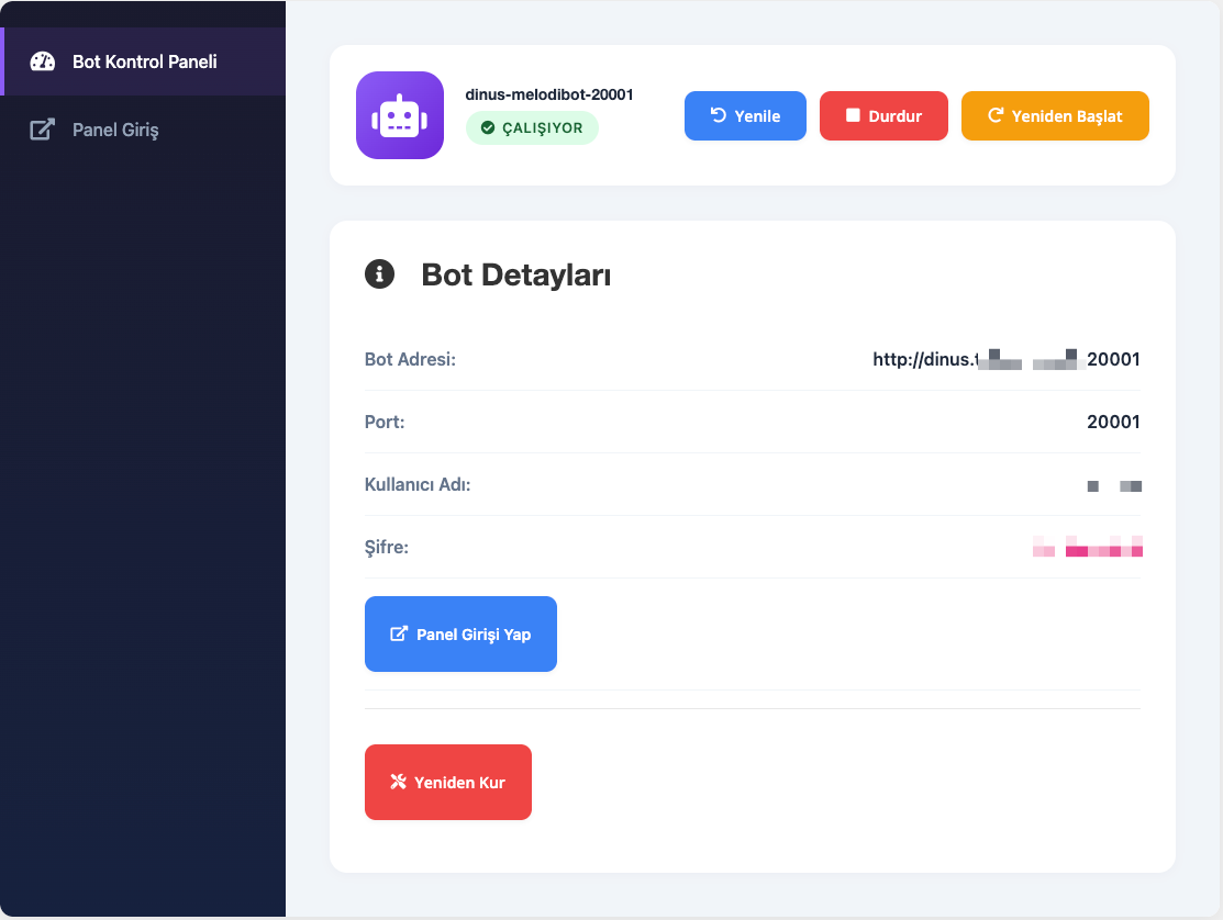 MelodiBot — müşteri panelinden bot kontrolü ve bağlantı bilgileri