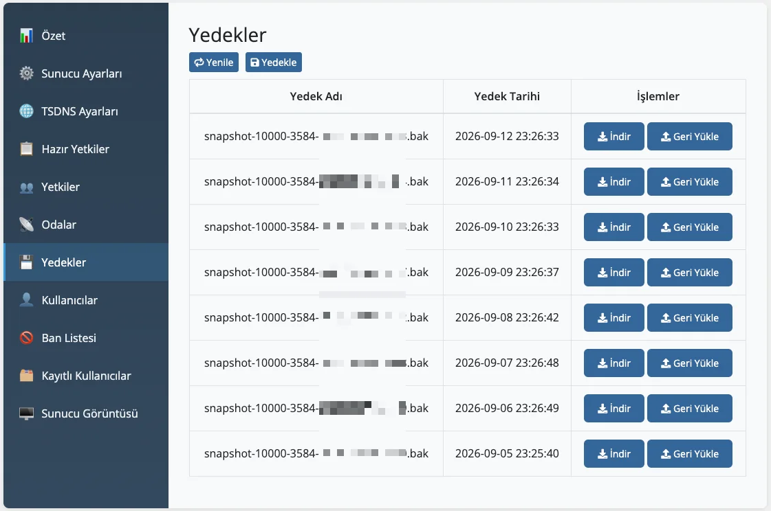 TS3 Panel — Yedekleme ve Geri Yükleme ekranı