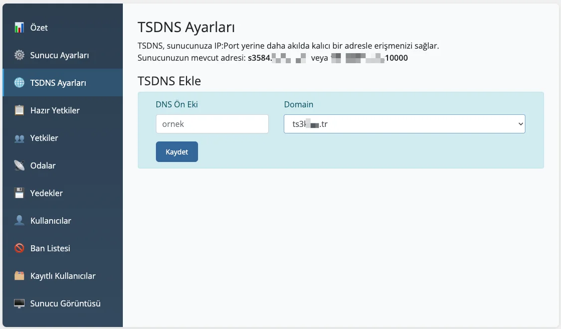 TS3 Panel — TSDNS Yönetimi ekranı