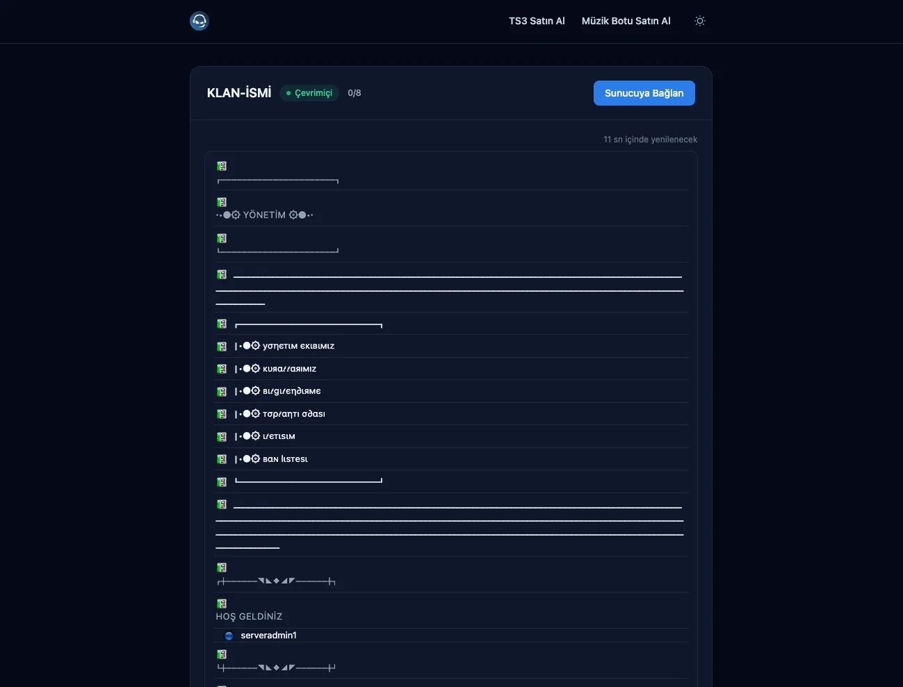 TS3 Viewer — sunucu kanal ağacı ve bağlı kullanıcıların anlık görüntülendiği web sayfası